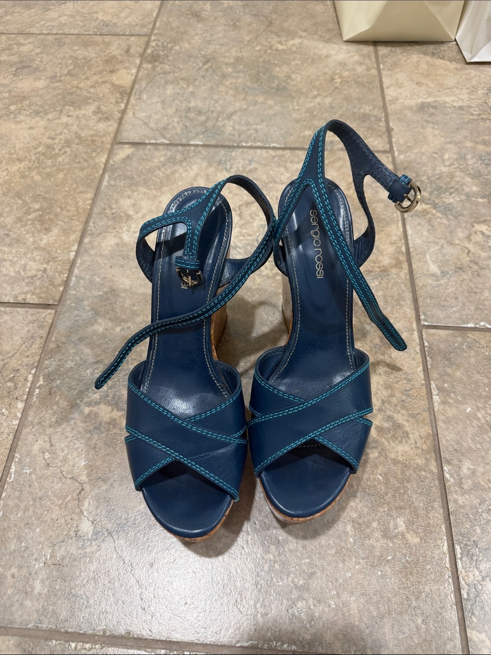 Sergio Rossi Teal-Trim blue Leather Wedge Sandals size 38
